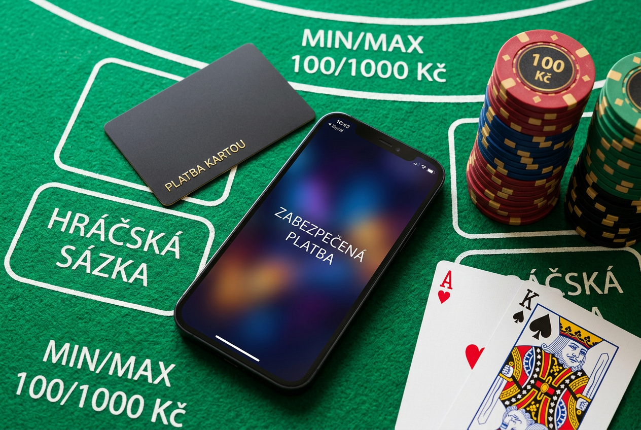 Detailní záběr na smartphone a platební kartu na zeleném plátně s rozostřenými žetony v pozadí